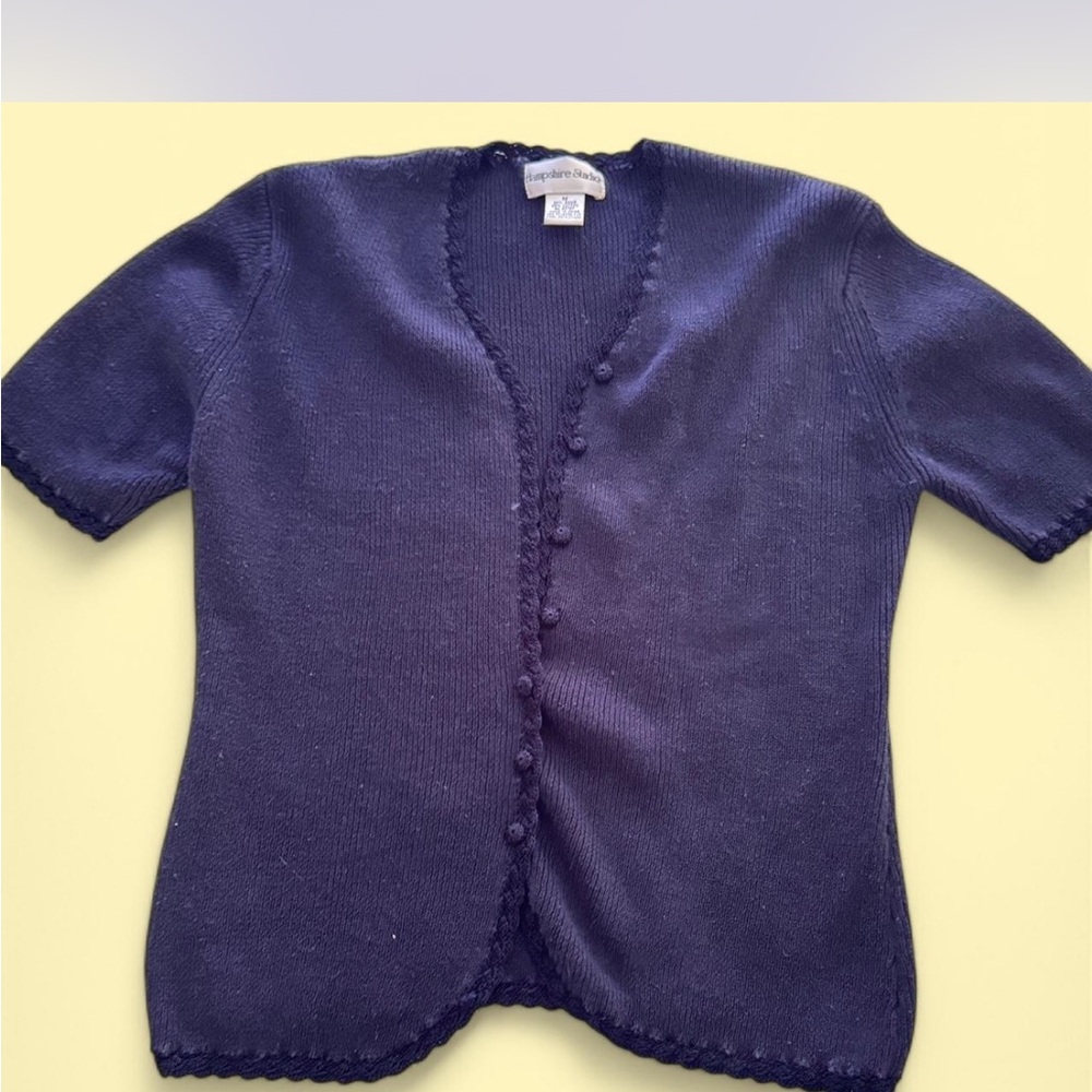 Navy/Purple Knit Cardigan | Pom Trim Sweater